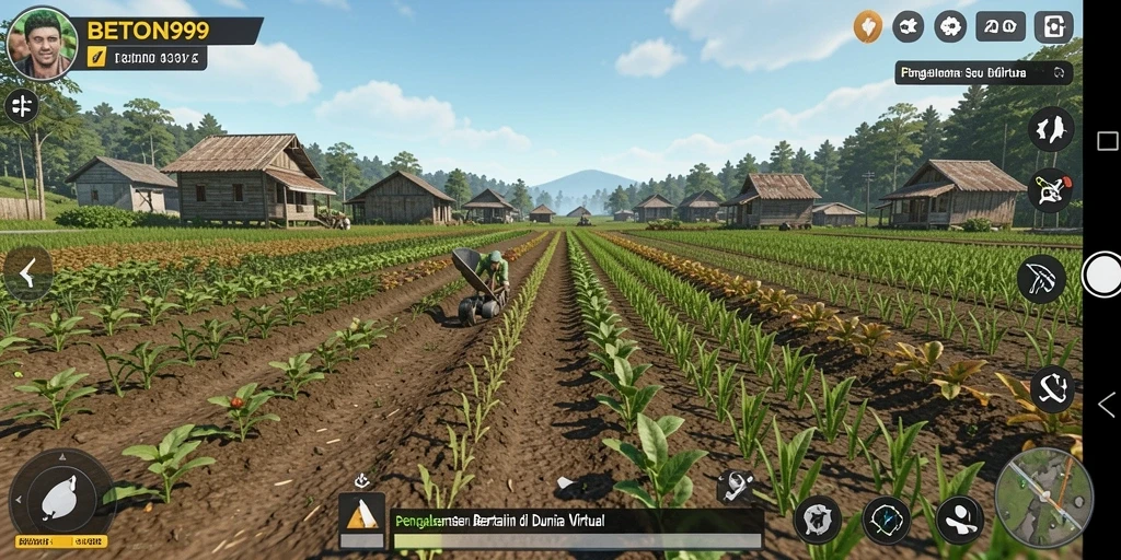 Screenshot BETON999 menunjukkan pemain mengelola kebun luas.
