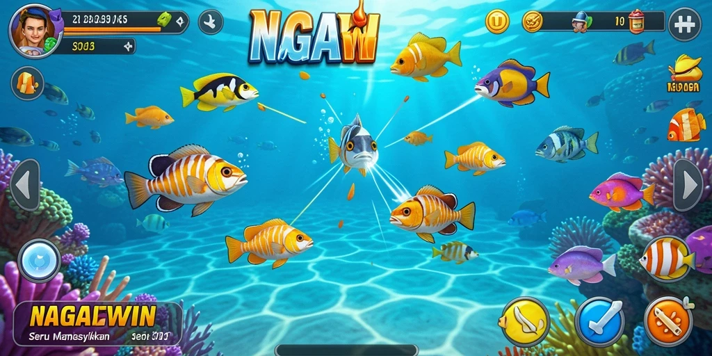Tampilan gameplay <strong>NAGAWIN</strong> yang seru dengan aksi menembak ikan.