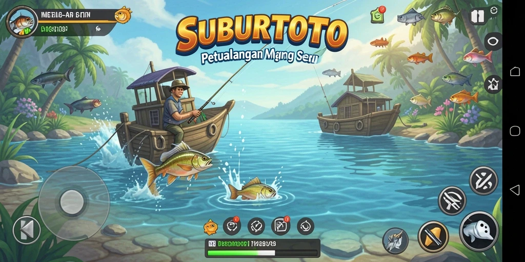 Screenshot gameplay SUBURTOTO menunjukkan aksi memancing yang mendebarkan.
